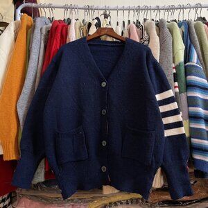 Navy Blue Varsity Stripe Cardigan Sweater Cozy Knit 💙